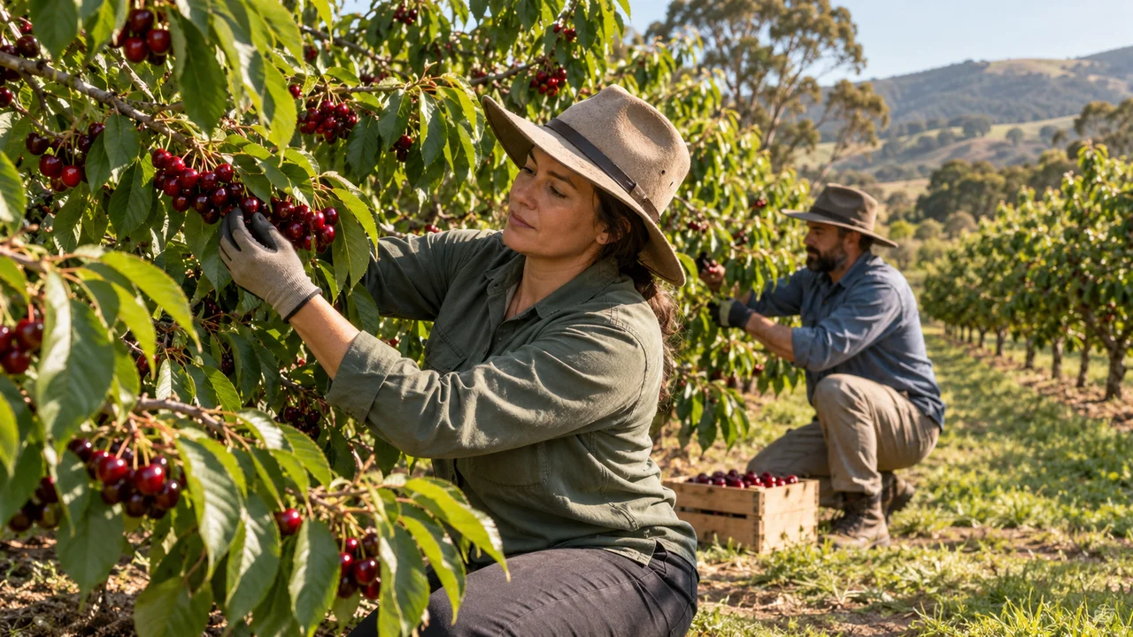 Two seasonal workers carefully picking cherries in a regional Australian orchard