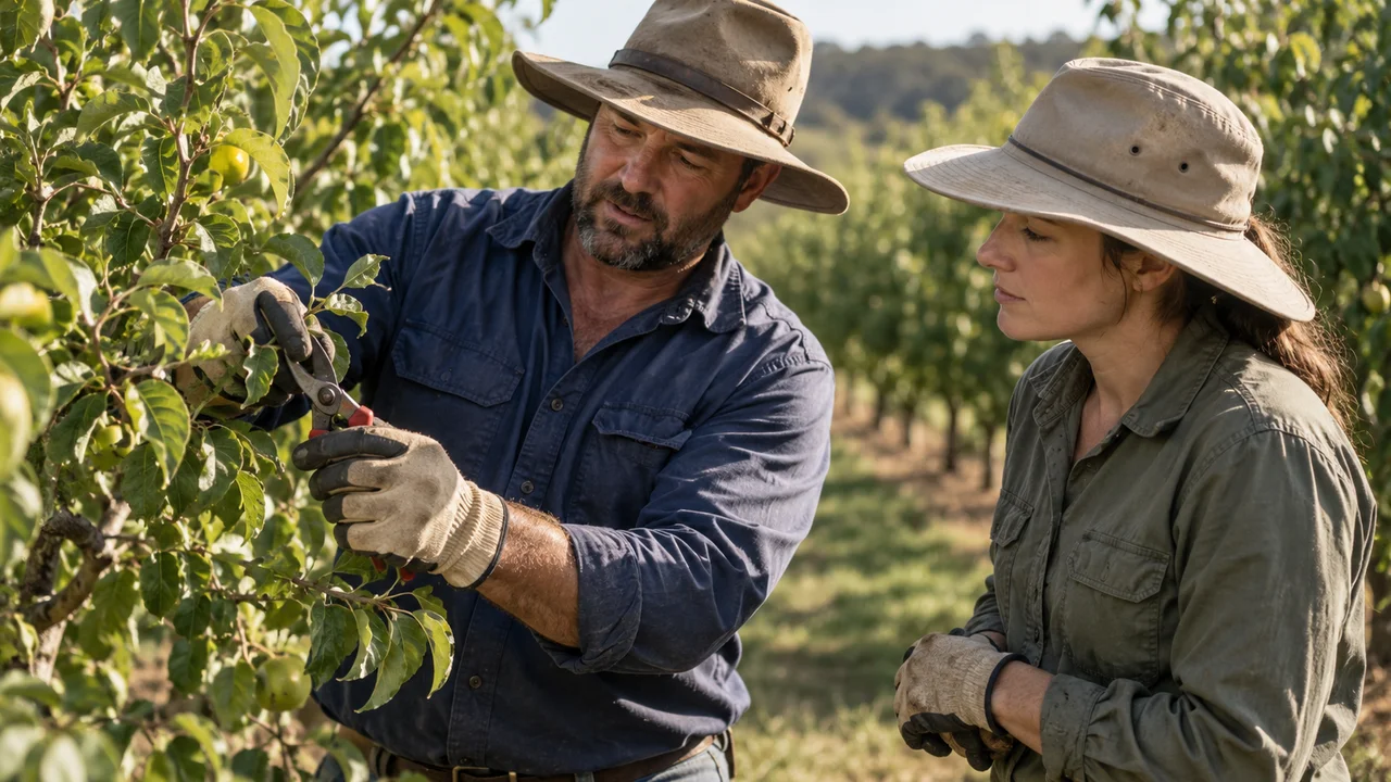 Un lavoratore agricolo adulto esperto mostra a un nuovo collega adulto come usare correttamente le forbici da potatura in un frutteto australiano, entrambi con maniche lunghe, cappelli a tesa larga e guanti