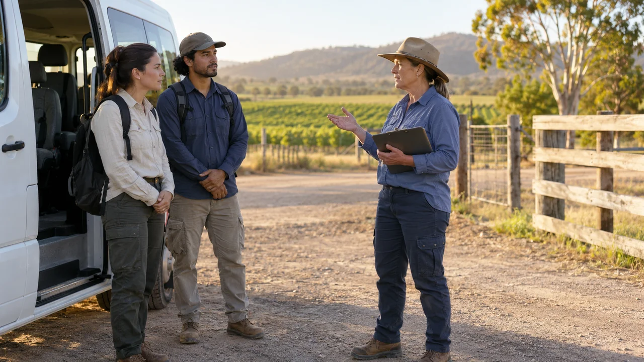 An adult supervisor providing a calm safety induction to two adult seasonal workers beside a plain white minibus at a regional Australian farm entrance