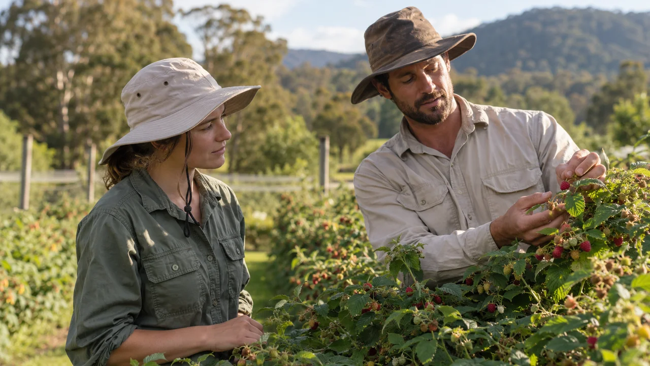 A new adult seasonal worker listening attentively to a colleague during a practical berry-picking induction beside waist-height raspberry rows, both wearing hats and sun-protective shirts