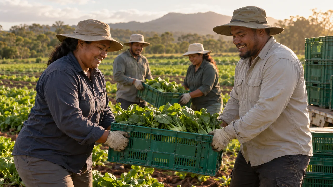 A small team of adult Pacific Islander farm workers wearing plain long-sleeved sun-protective shirts, wide-brim hats and gloves, moving clean produce crates together on an Australian vegetable farm