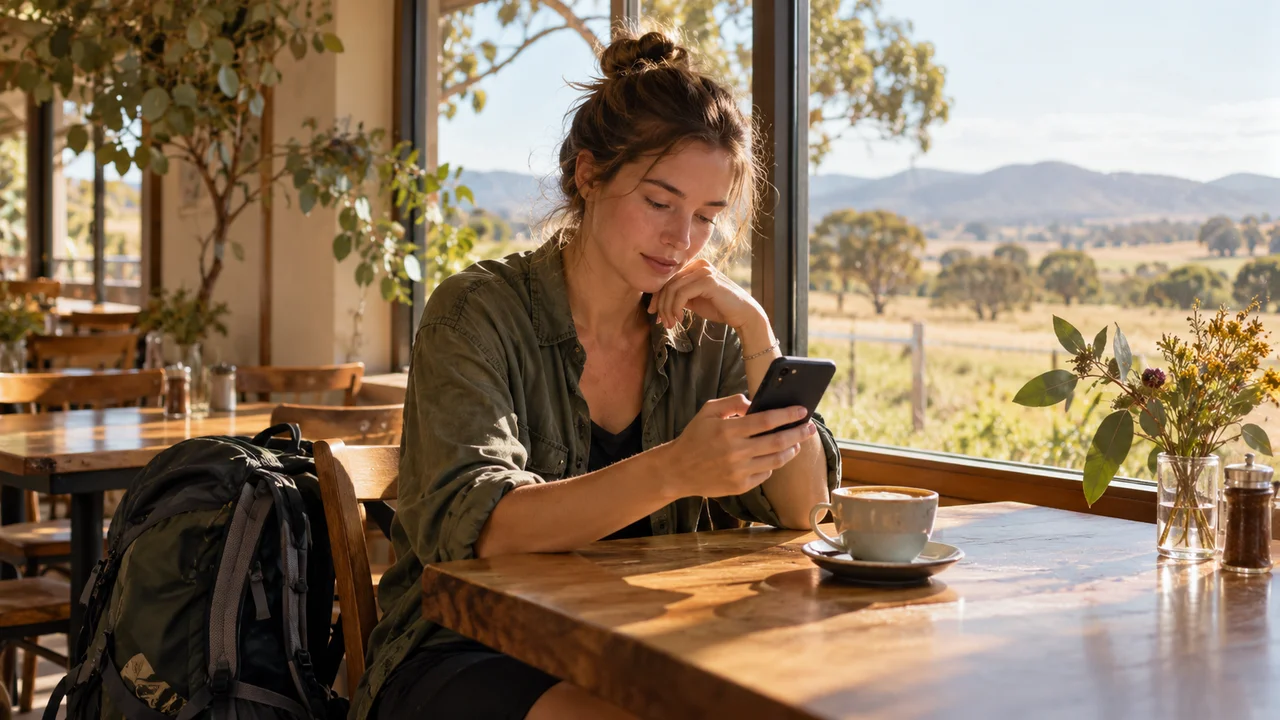 Un backpacker adulto seduto da solo in un tranquillo caffè dell'Australia rurale legge con attenzione lo smartphone prima di accettare un lavoro, lo zaino accanto alla sedia, espressione riflessiva più che allarmata, calda luce dalla finestra