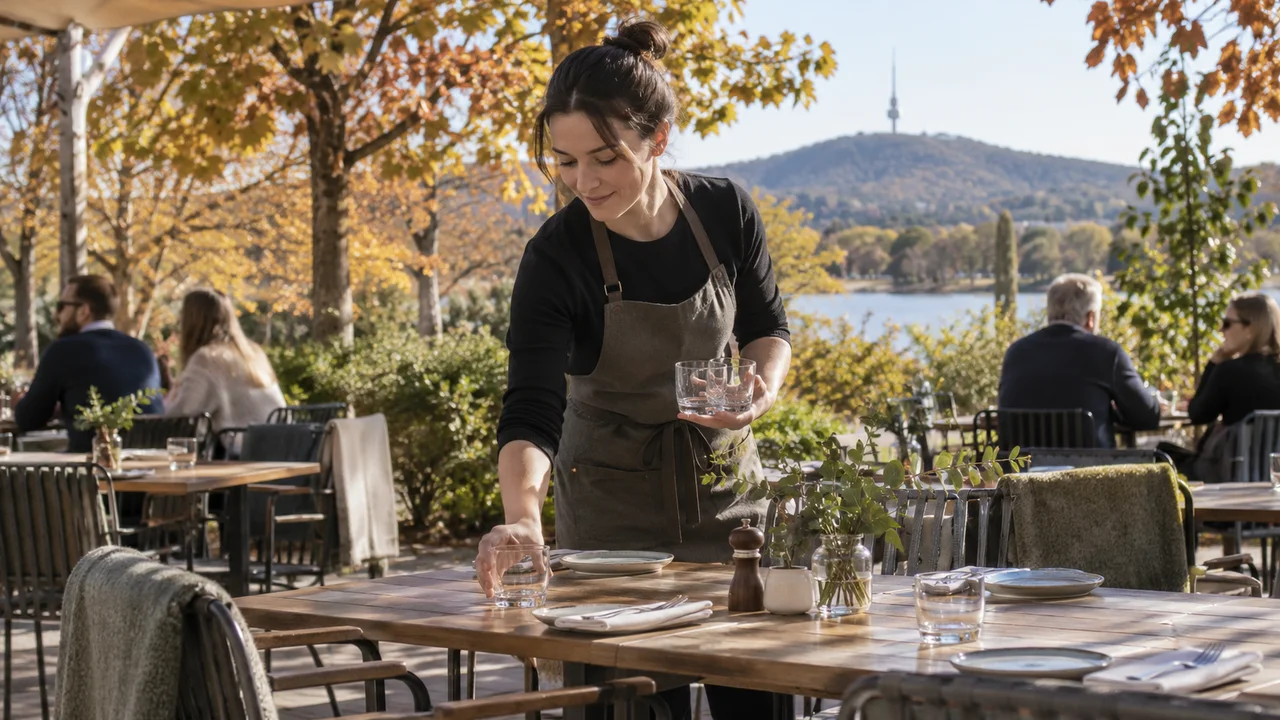 An adult hospitality employee setting outdoor tables in a Canberra garden cafe with autumn deciduous trees and subtle Australian Capital Territory landscape, natural morning light, plain unbranded apron, no menus or signs