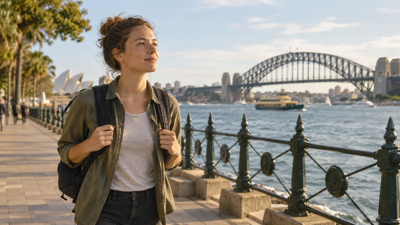 Un viaggiatore adulto con lo zaino cammina sul lungomare del porto di Sydney, con il ponte del porto e le barche in lontananza, espressione naturale e pensierosa, luce morbida del mattino, nessun cartello, niente fogli né portatile