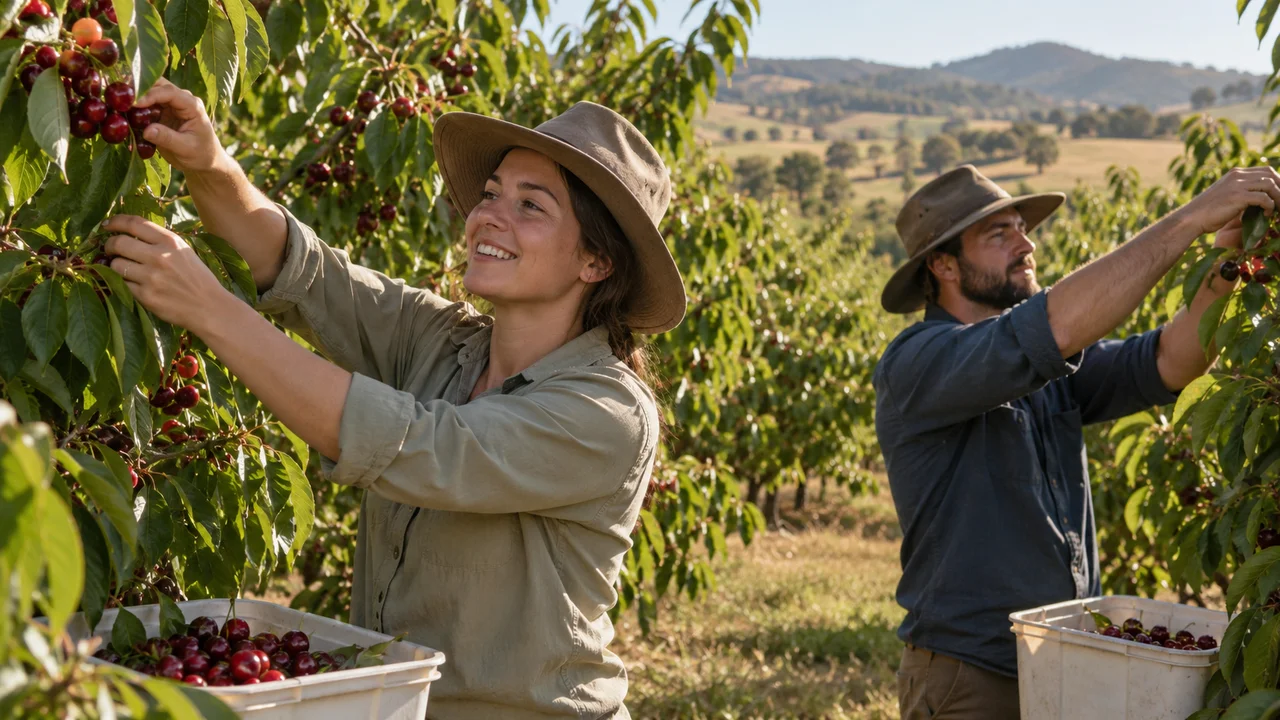 Two adult seasonal workers picking cherries from reachable branches in a central-west New South Wales orchard, plain sun-protective clothing and broad-brim hats, red cherries visible, gently rolling dry-green countryside