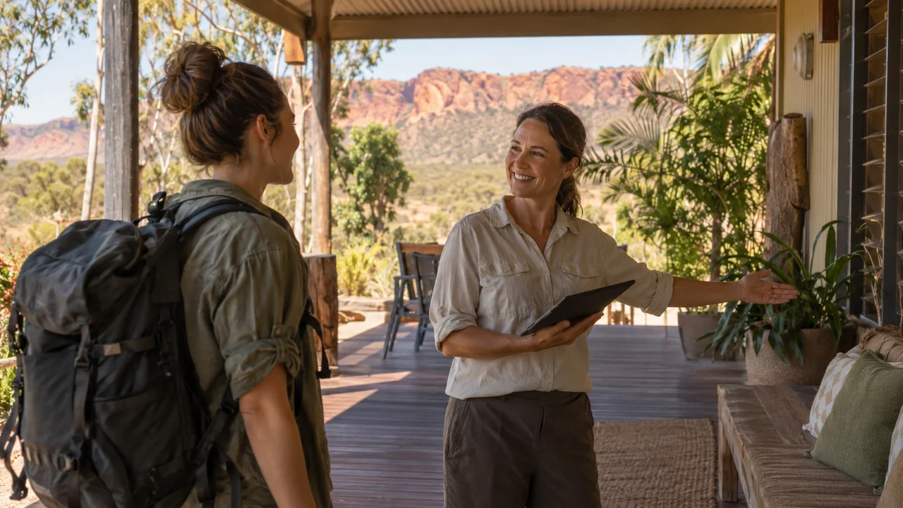An adult tourism worker welcoming an adult traveller at a modest Northern Territory lodge verandah with tropical greenery and an ochre landscape beyond, relaxed natural interaction, plain unbranded clothing, no signs or logos