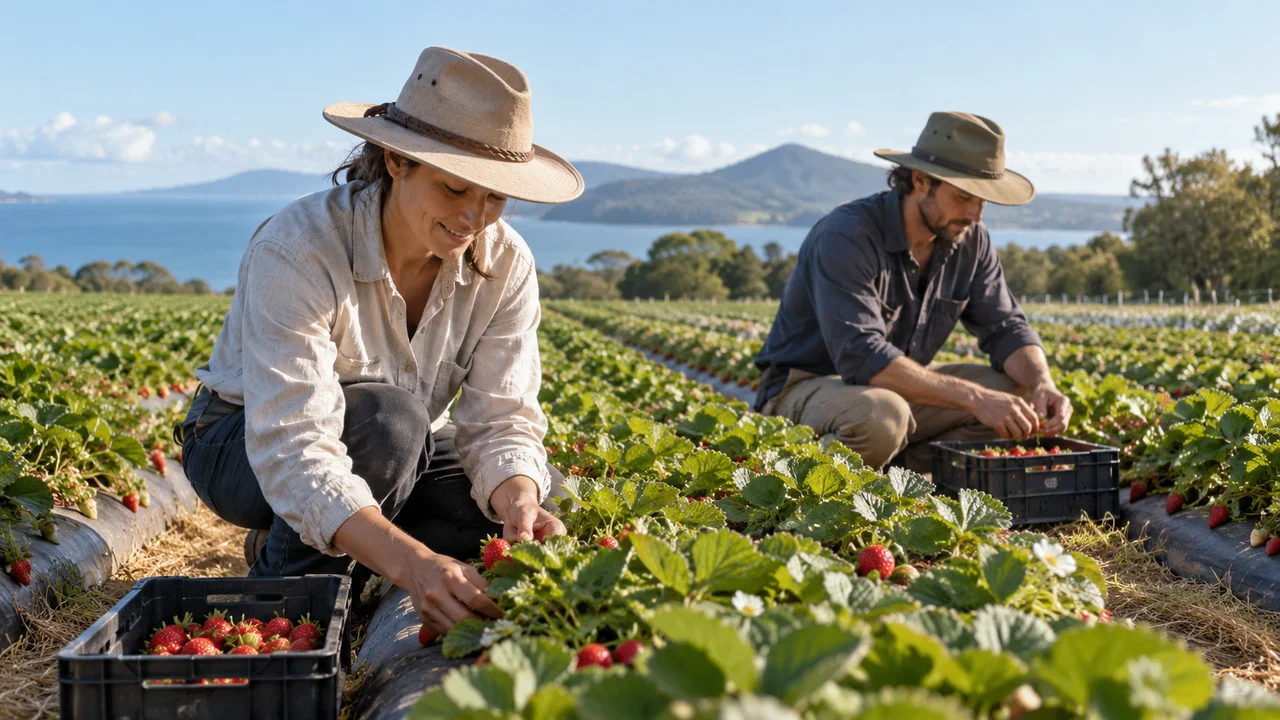 Two adult seasonal workers harvesting ripe strawberries at ground level on a coastal Queensland farm, long sleeves, broad-brim hats, safe natural posture and trays, expansive strawberry rows and bright Queensland morning light