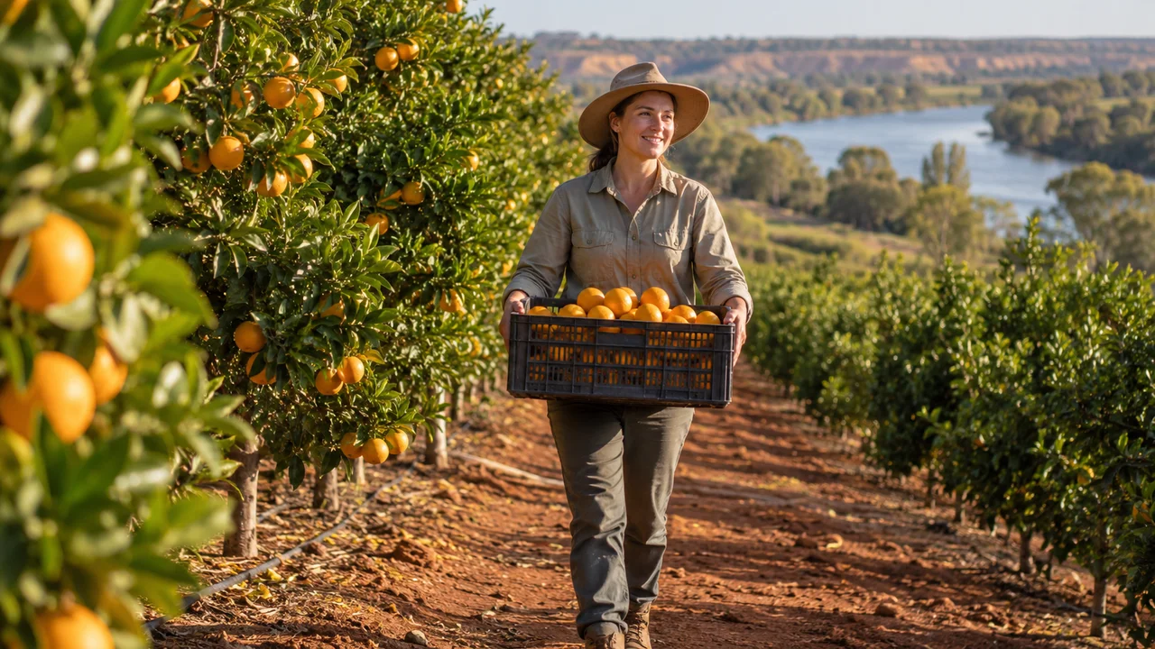 An adult citrus worker carrying an orange-filled harvest crate along a Riverland orchard row in South Australia, ochre soil and irrigated greenery, broad-brim hat and long sleeves, warm afternoon light