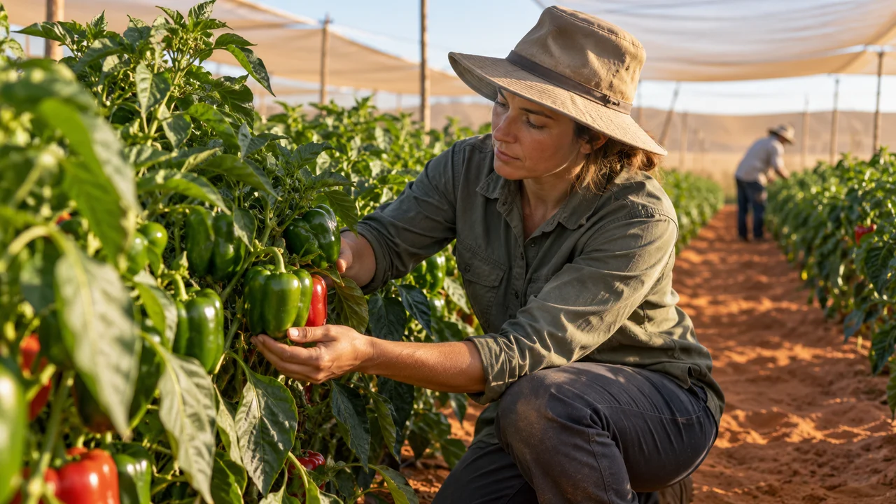An adult farm worker inspecting a neat row of capsicum plants on a Carnarvon vegetable farm in Western Australia, warm reddish sandy soil, shade cloth in the background, long sleeves and broad-brim hat, natural focused expression