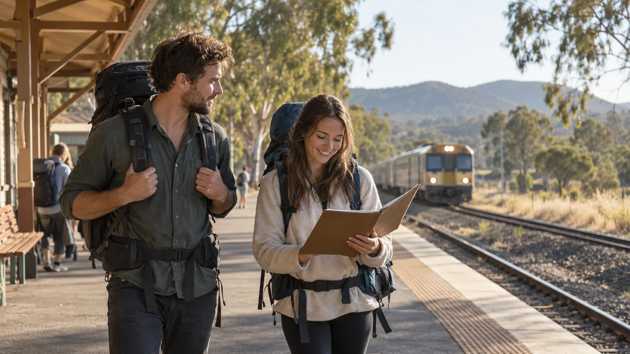 Due backpacker adulti appena arrivati al binario di una stazione ferroviaria dell'Australia rurale con grandi zaini da trekking, uno dei due controlla una semplice cartellina da viaggio senza scritte; calda luce del mattino, paesaggio di eucalipti e un treno in lontananza, nessuna scritta o cartello in stazione