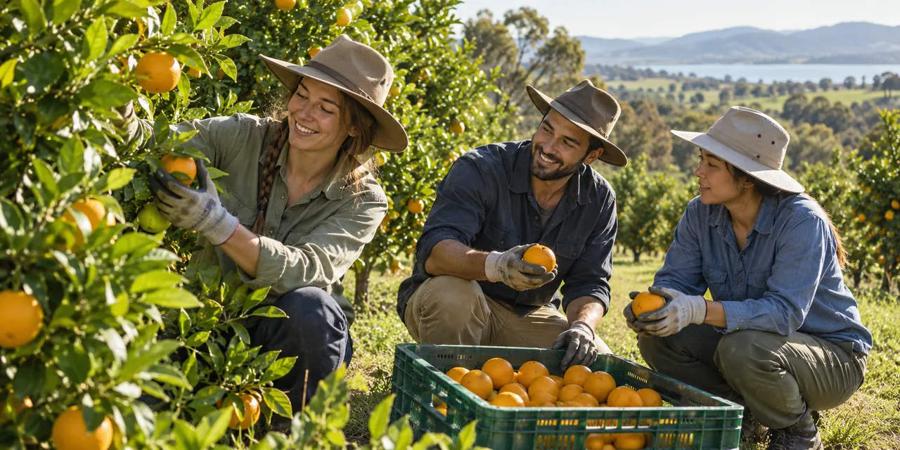 A seasonal crew learning to pick citrus together