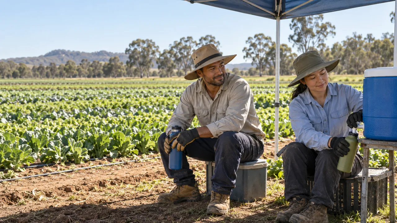Two adult seasonal vegetable workers taking a shaded water break in a regional Australian field