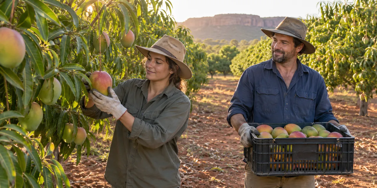 Seasonal workers harvesting mangoes in an Australian orchard
