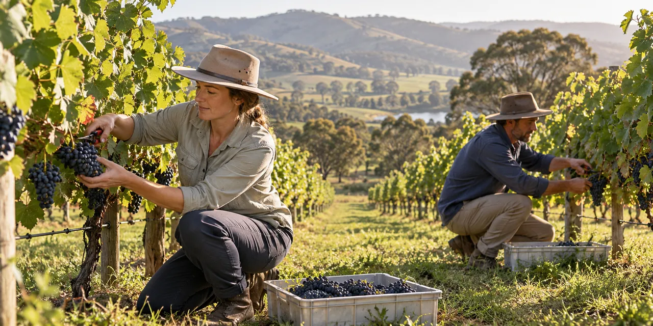 Workers hand-picking grapes in vineyard rows