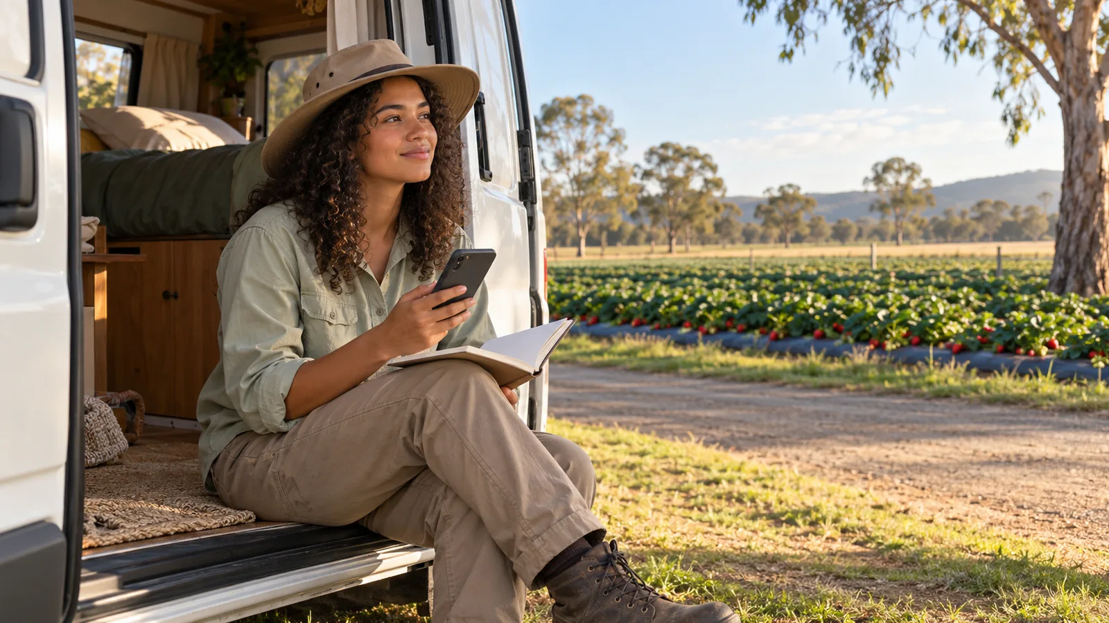 A working holiday maker sits in a campervan doorway with a phone and notebook beside a strawberry farm.