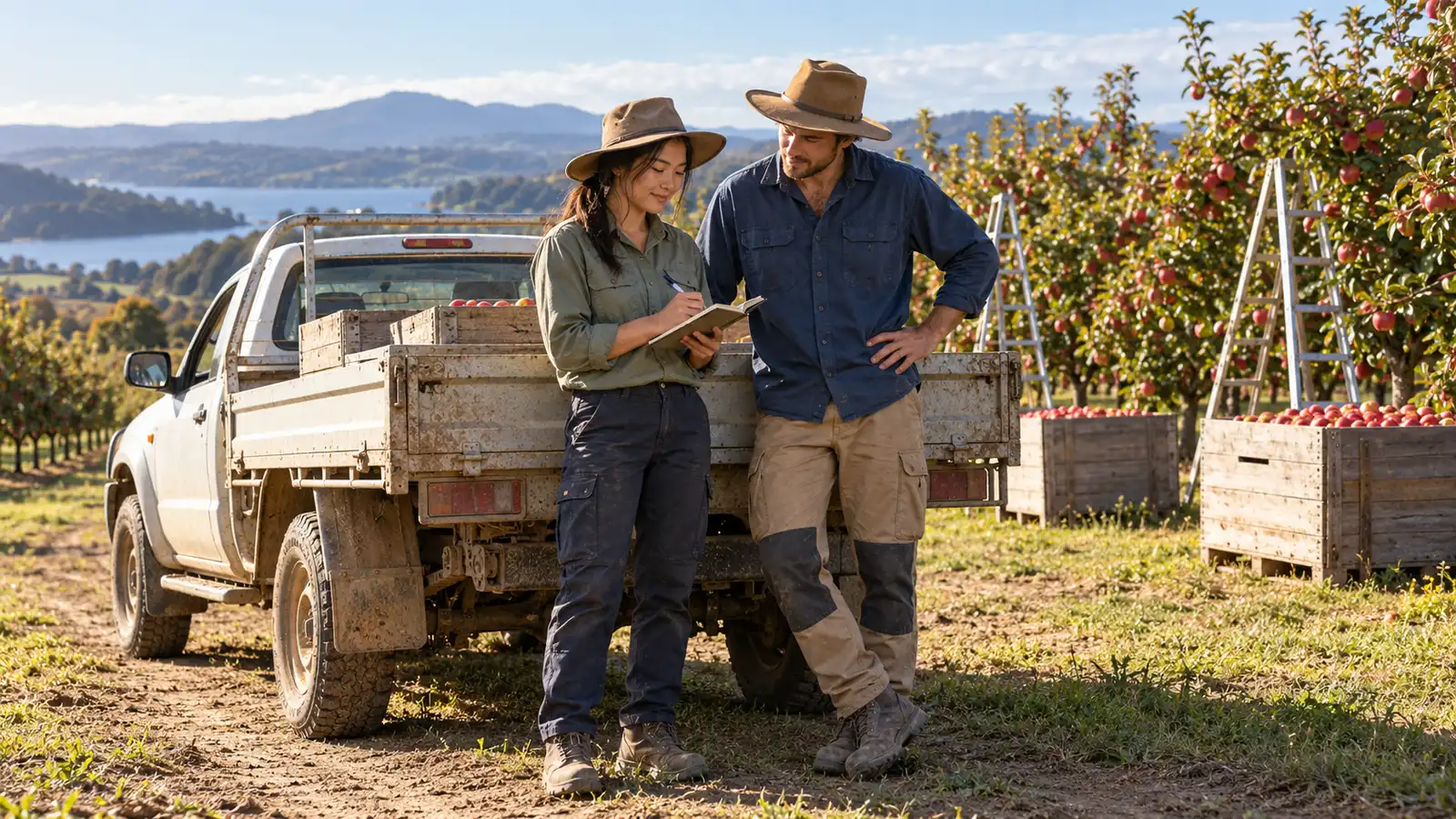Two seasonal workers review a notebook beside a dusty ute in a sunlit Tasmanian apple orchard.