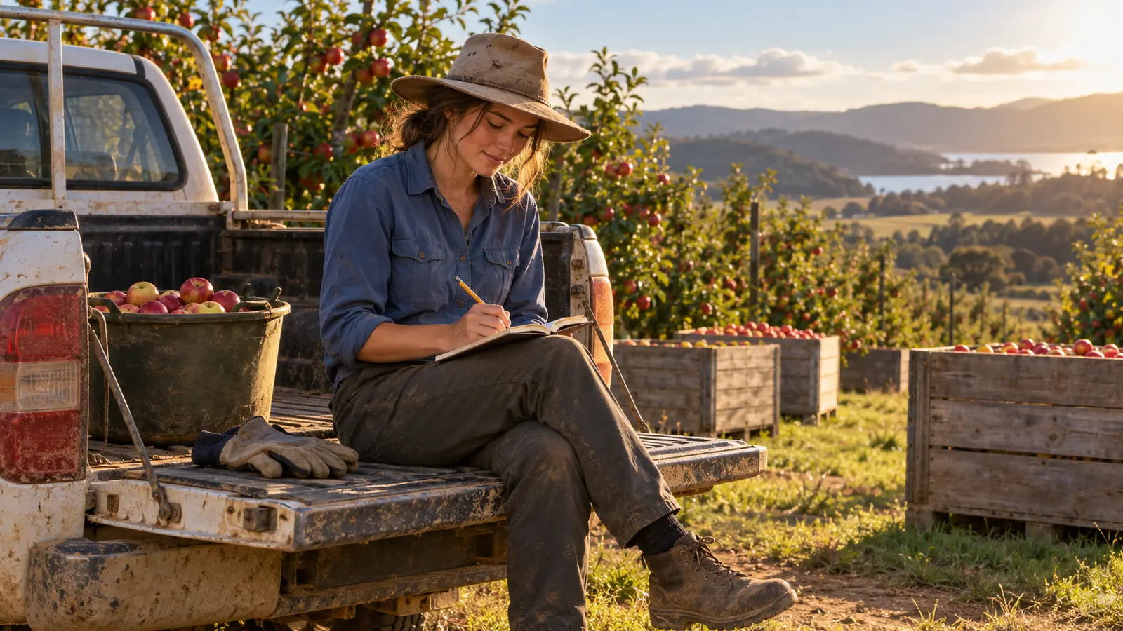 A working holiday maker writes in a notebook on a ute tailgate beside a sunlit apple orchard.